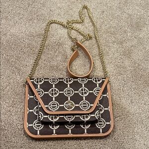 Henri Bendel Brown Patterned Crossbody Bag with Gold Chain